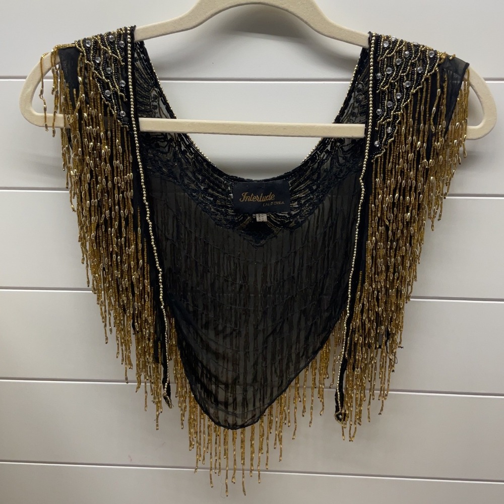 Interlude California Vintage Beaded Fringe Collar Capelet Black Gold Sequin OS